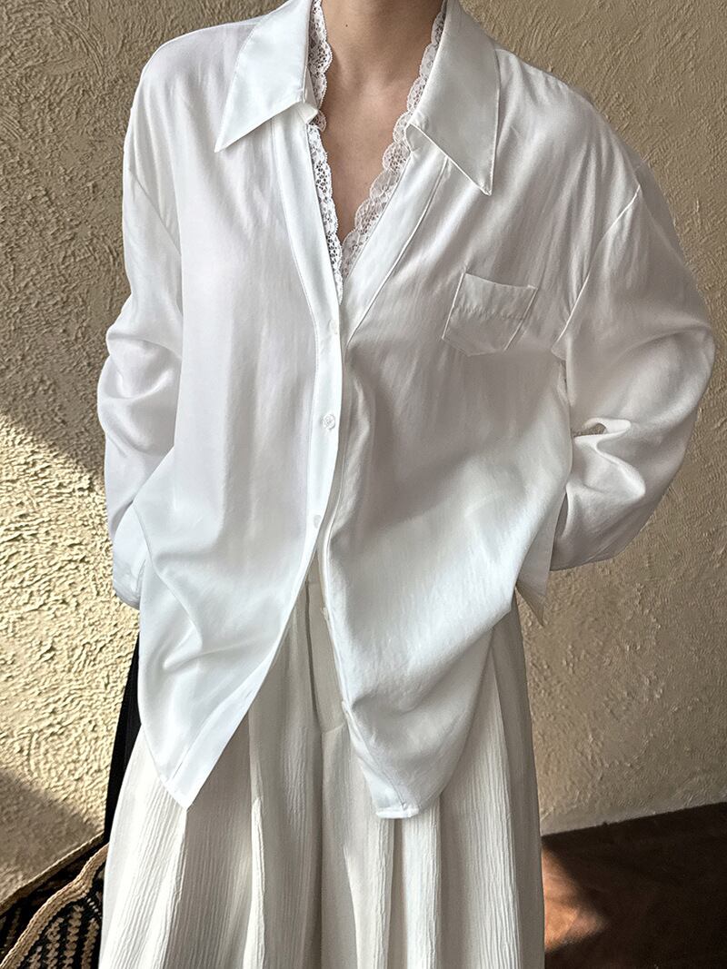 【tops】レース切り替えシャツブラウス　M29946