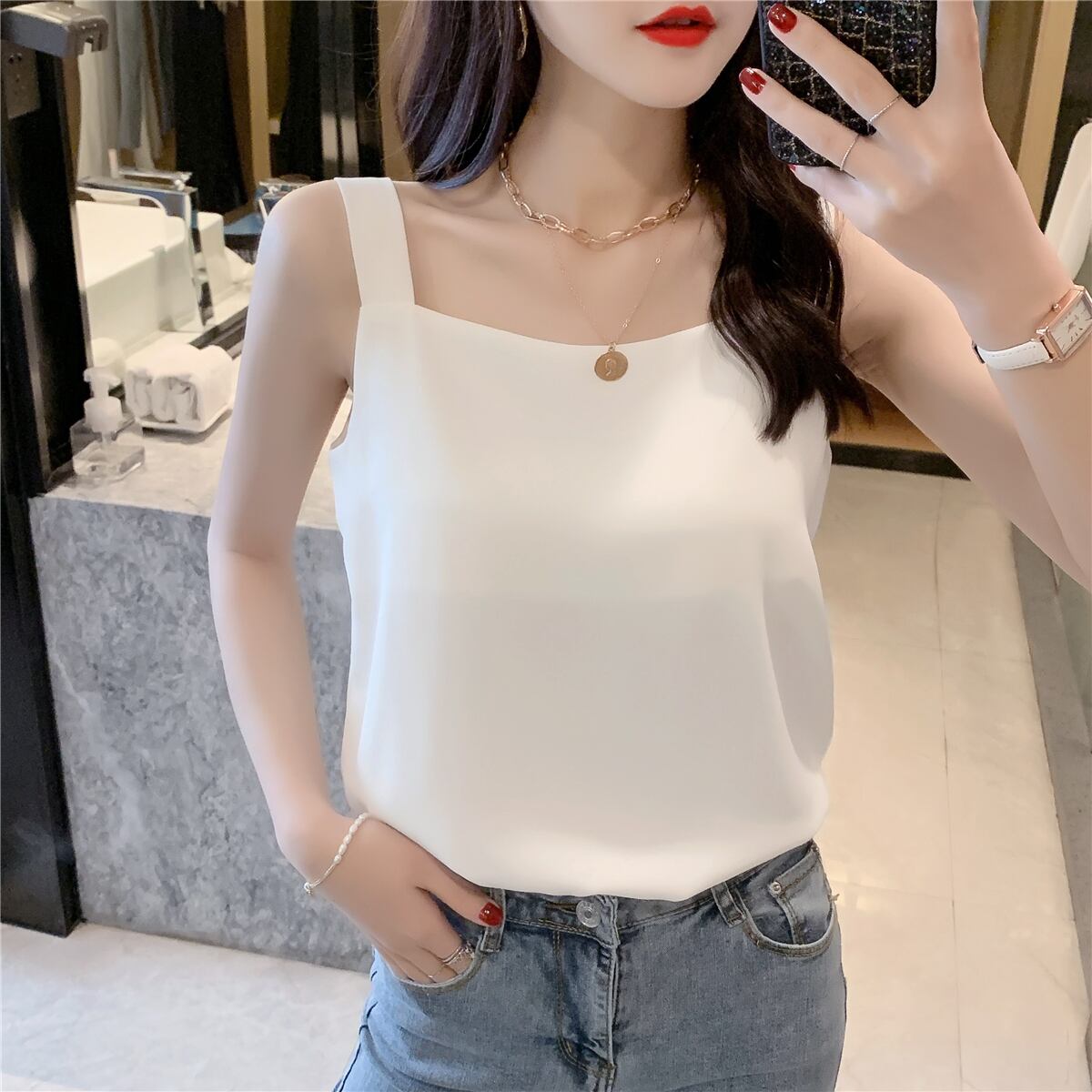 【tops】店長推薦3色夏新作韓国風INS風スクエアネック無地着回しキャミソールF1996