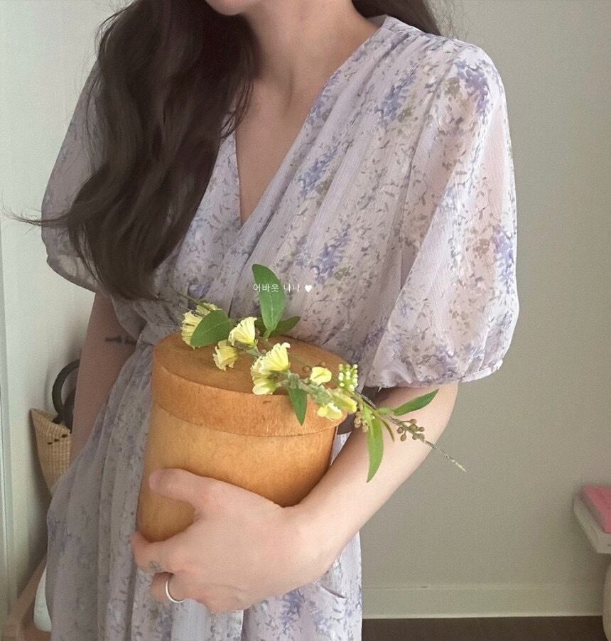 【dress】Vネック花柄パフスリーブワンピース G20746