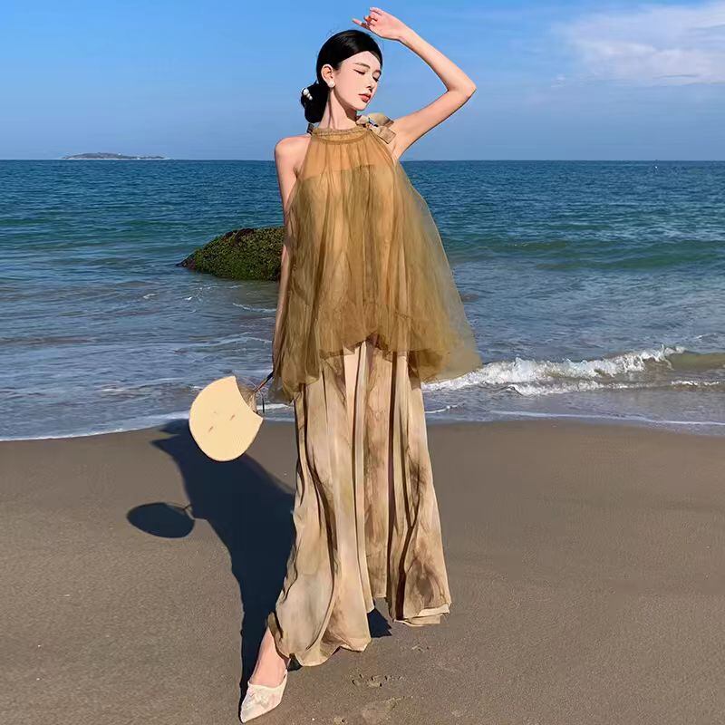 【dress】メッシュ偽二つ切り替えワンピース G20432