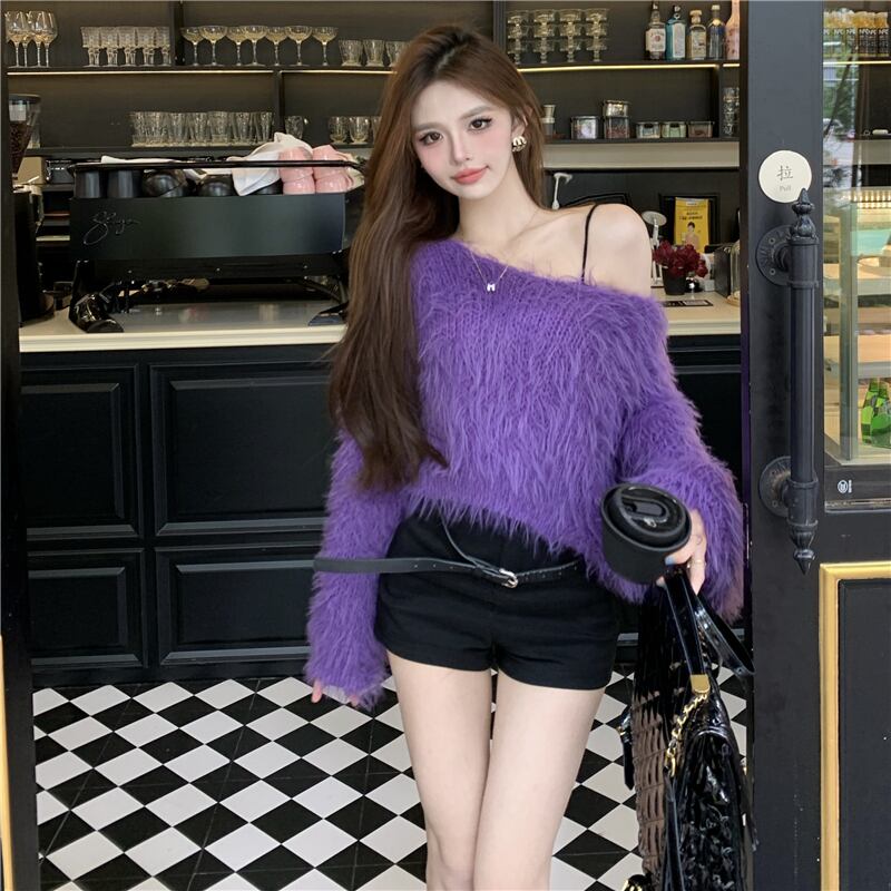 【tops】シャギーオフショルダーニットセーター　M28660