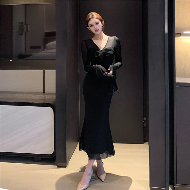 【dress】Vネックチュールワンピース Q7873