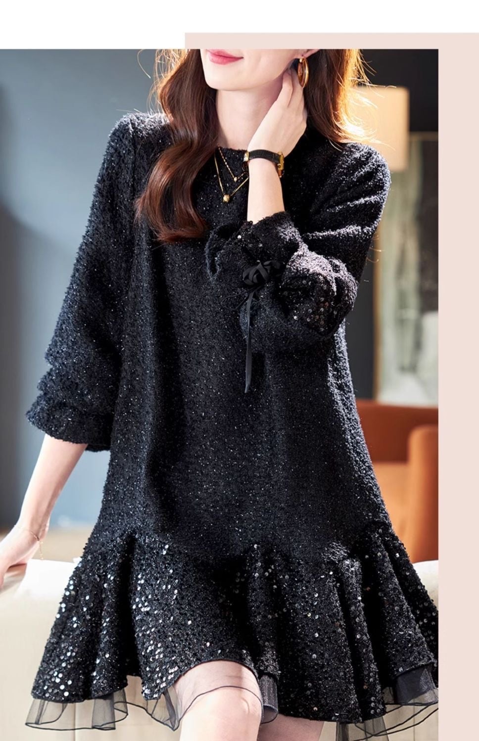 【dress】スパンコール付きチュールドッキングフレアワンピース　N2887