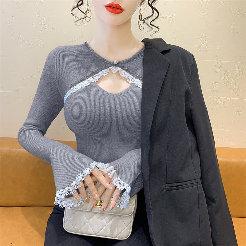 【tops】ビジューレース切り替えニットトップス　M27966