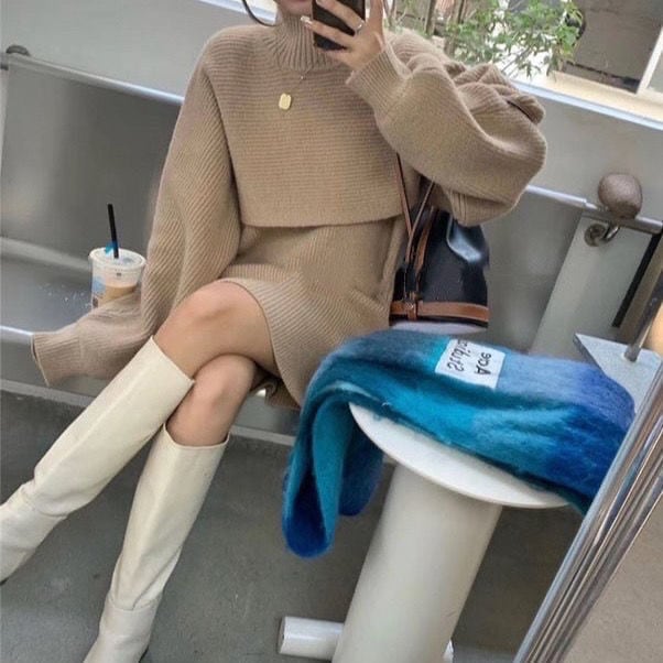 【set】2点セット無地パフスリーブセーター+体型カバーワンピース通勤日常ニットセットアップF0855