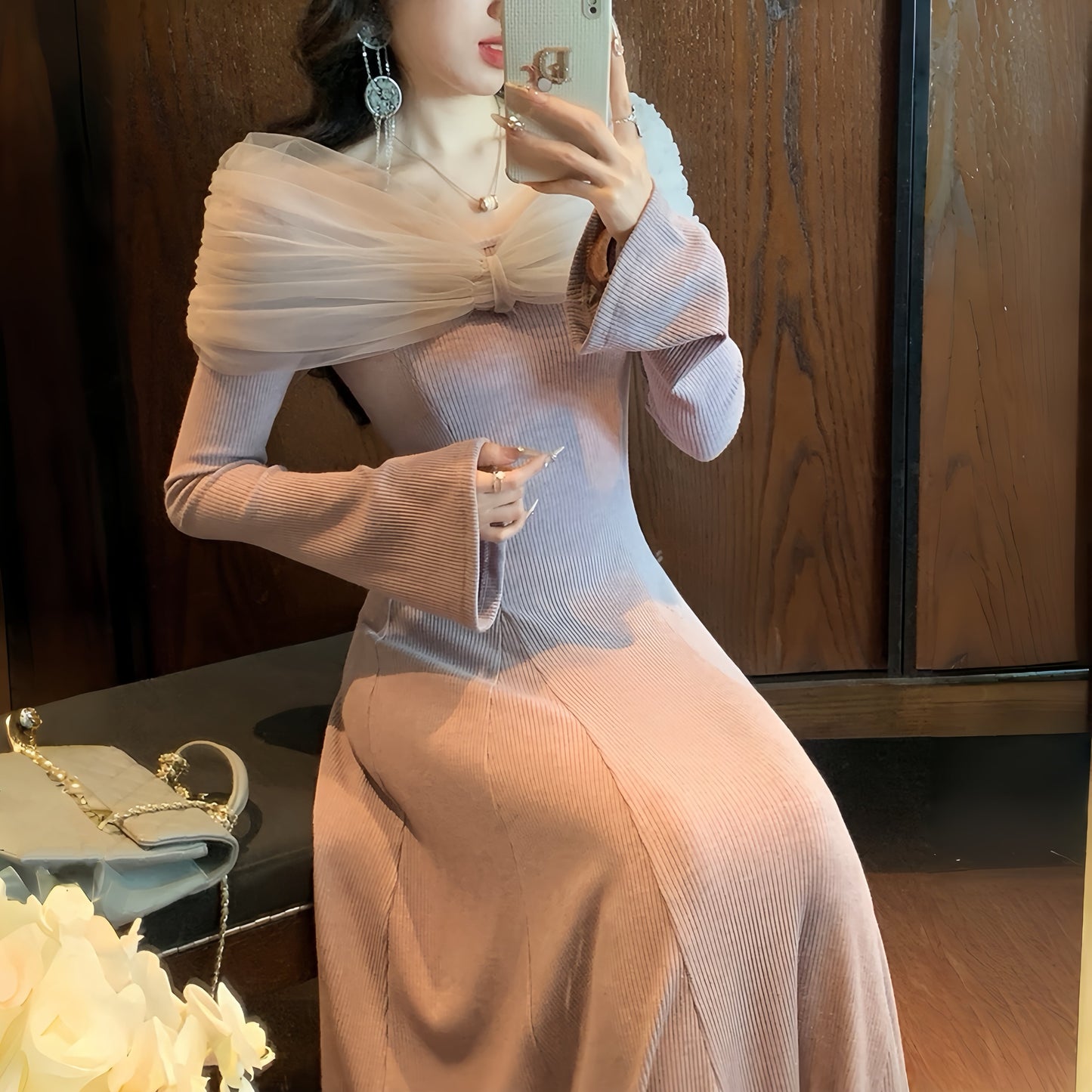 【dress】チュールドッキングニットワンピース　N3460