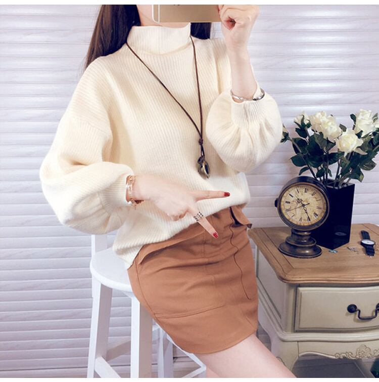 【tops】女性力を高める〜ハーフネック長袖パフ袖体型カバーファッション無地セーターF0826