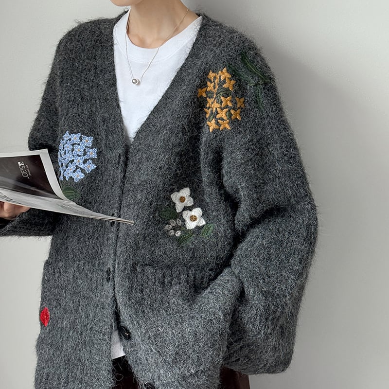【outer】フラワー刺繡ニットカーディガン Q6972