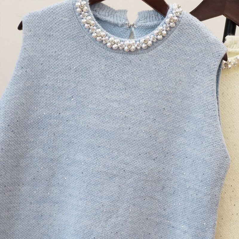 【dress】パール付きノースリーブニットワンピース Q7323
