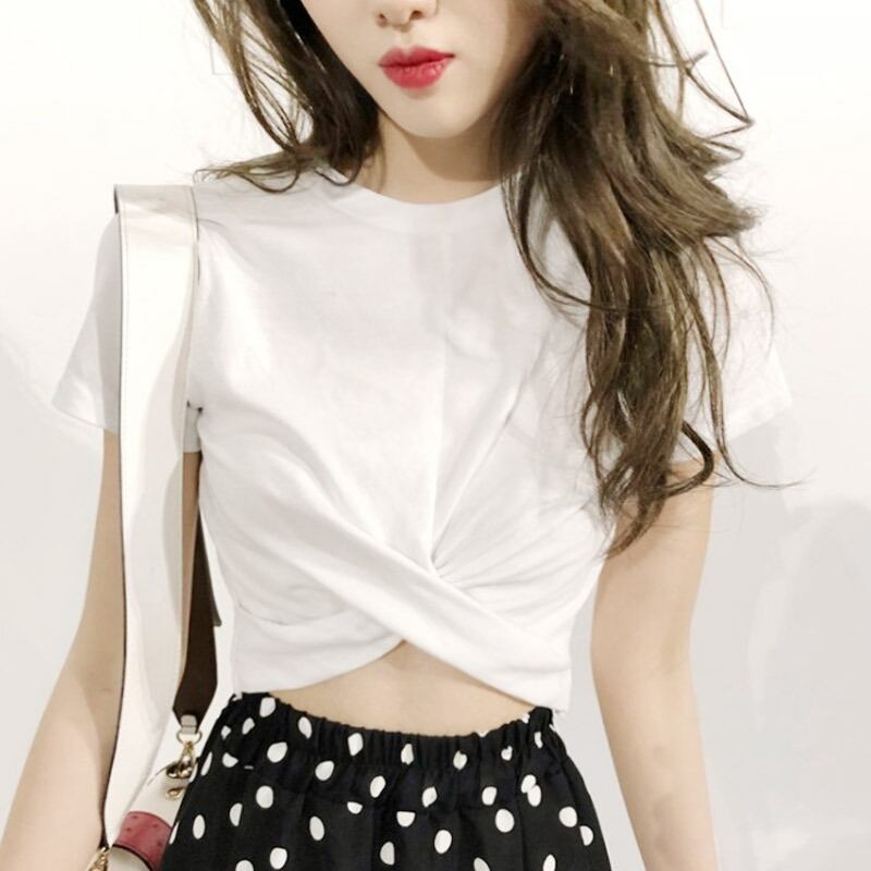 【tops】美人度アップラウンドネック半袖ファッションショート丈TシャツF0058