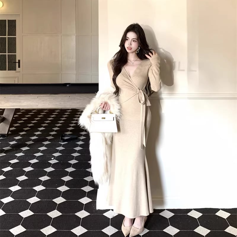 【dress】クロスネックロングニットワンピース Q8113