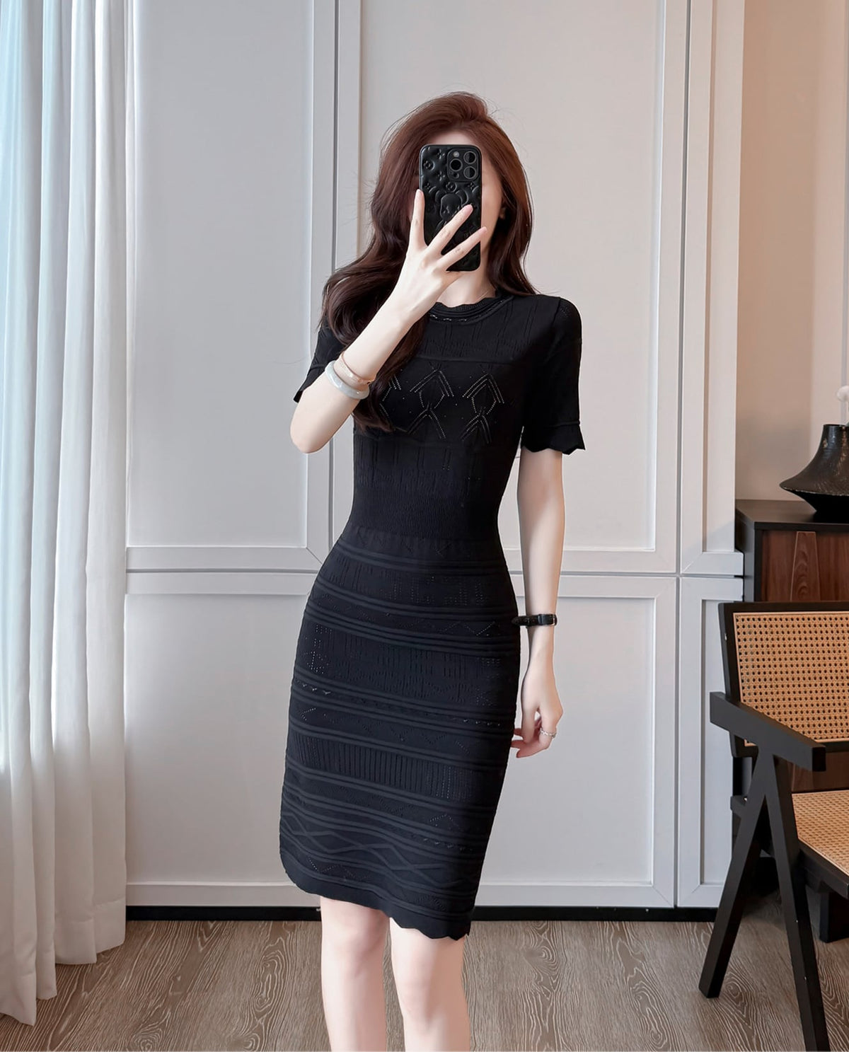 【dress】半袖透かし編みニットワンピース Q8492