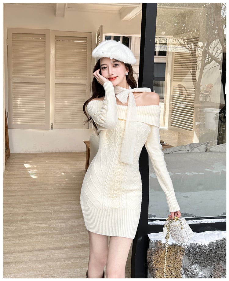 【dress】リボンオフショルニットワンピース　N2855