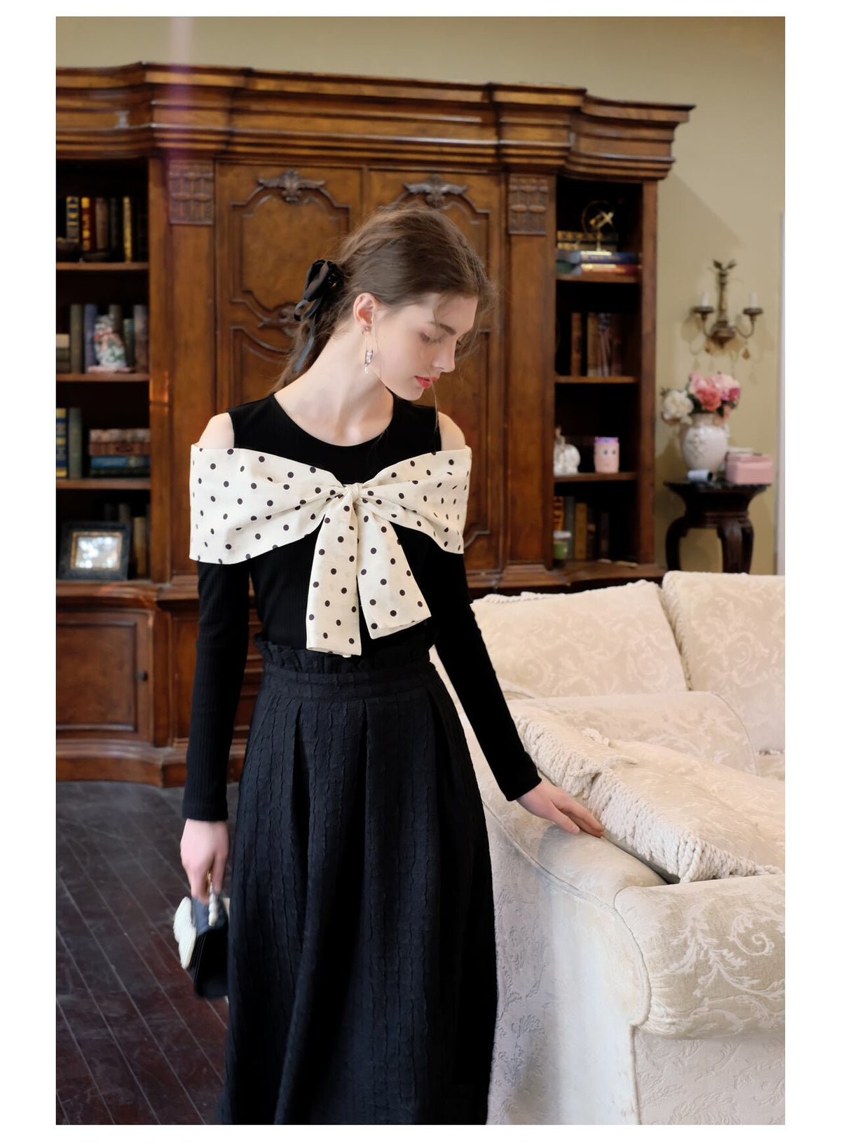 【tops】オフショルダーリボンニットトップス　N2796