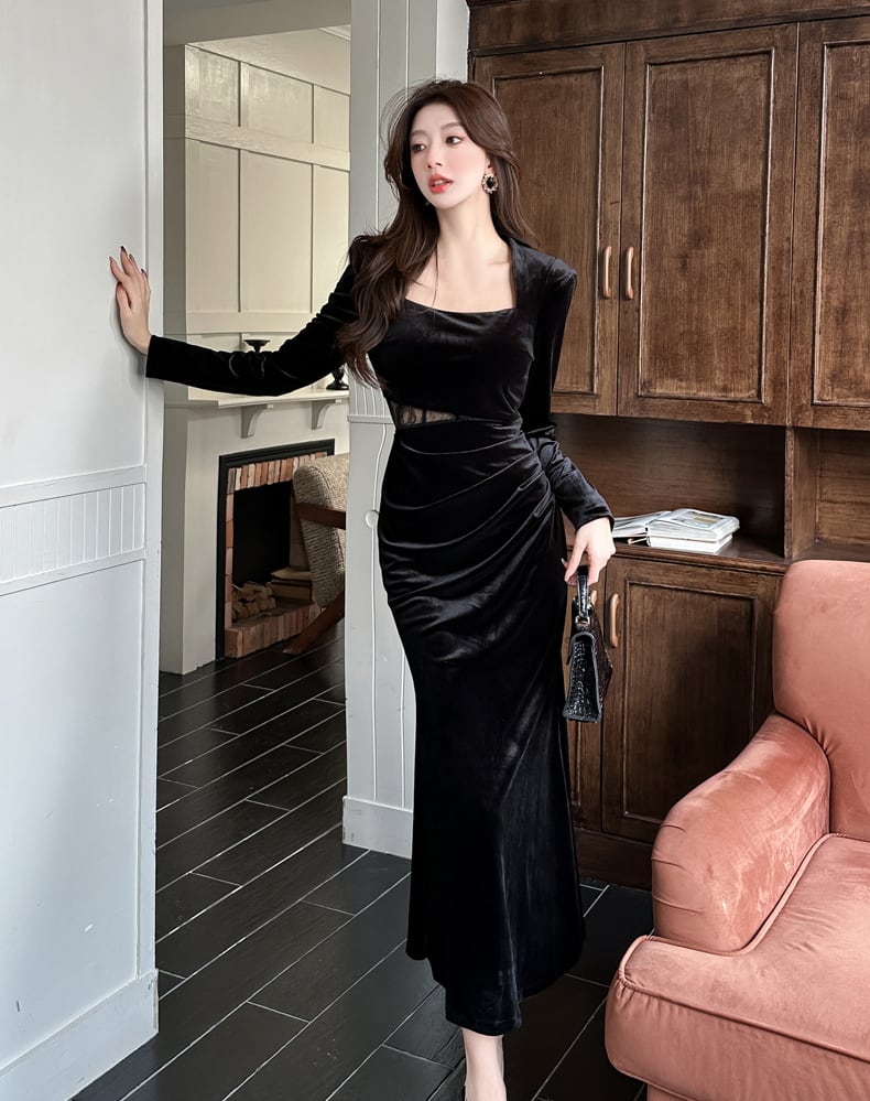 【dress】スクエアネックレースドッキングロングワンピース Q7286