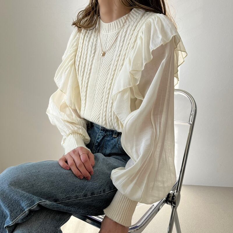 【tops】フリルドッキングニットトップス　M18437