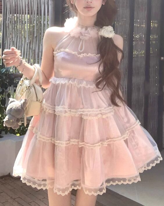 【dress】レースドッキングホルターネックワンピース　M30200