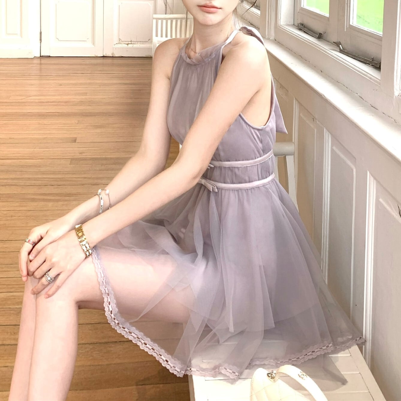 【dress】バックリボンチュールミニワンピース　M31380