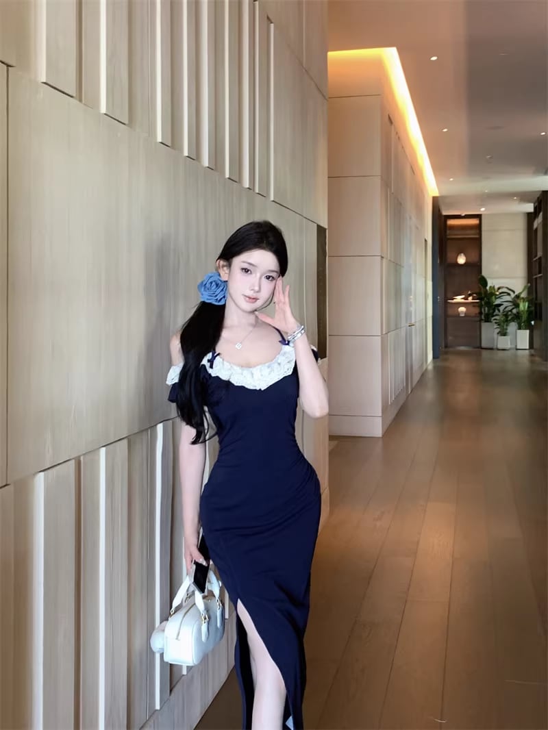 【dress】スリット入れレースドッキングロングワンピース Q8315