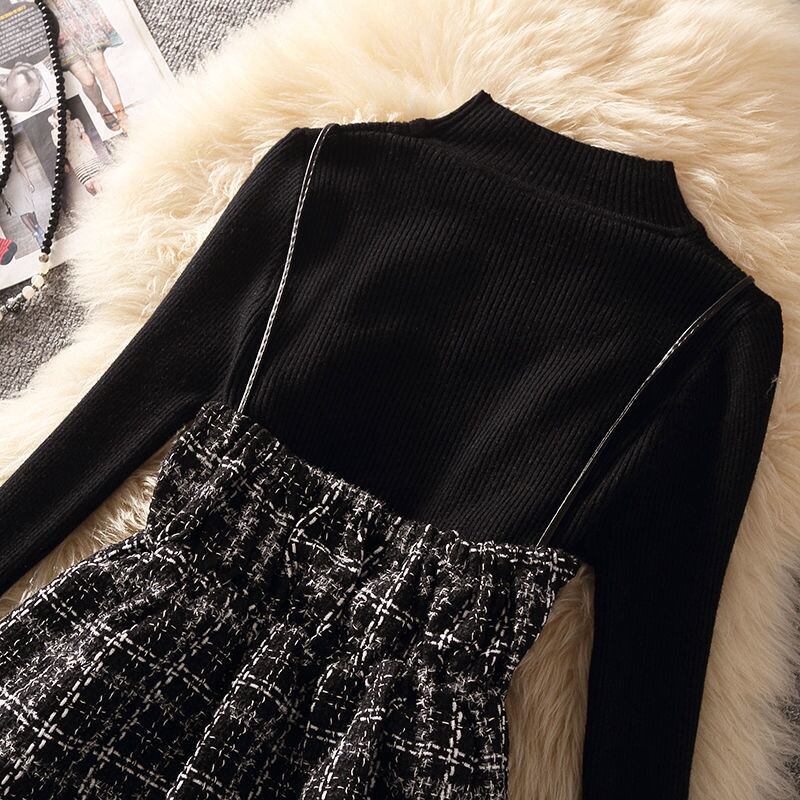【set】店長推薦秋冬新作無地着やせセーター+チェック柄ベスト+ビーズ飾りタイトスカート通勤日常3点セットF0999