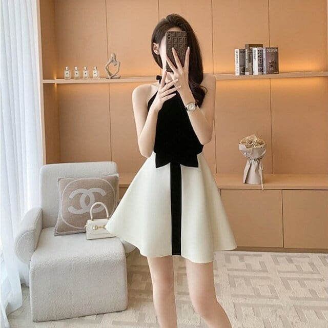 【dress】オシャレ度満点〜OL通勤ホルターネックノースリーブ配色切り替えAラインワンピースF5509