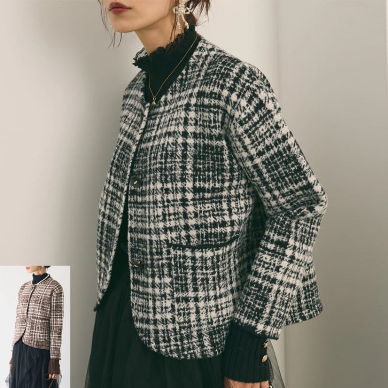 【outer】チェック柄ショートコート　M28385