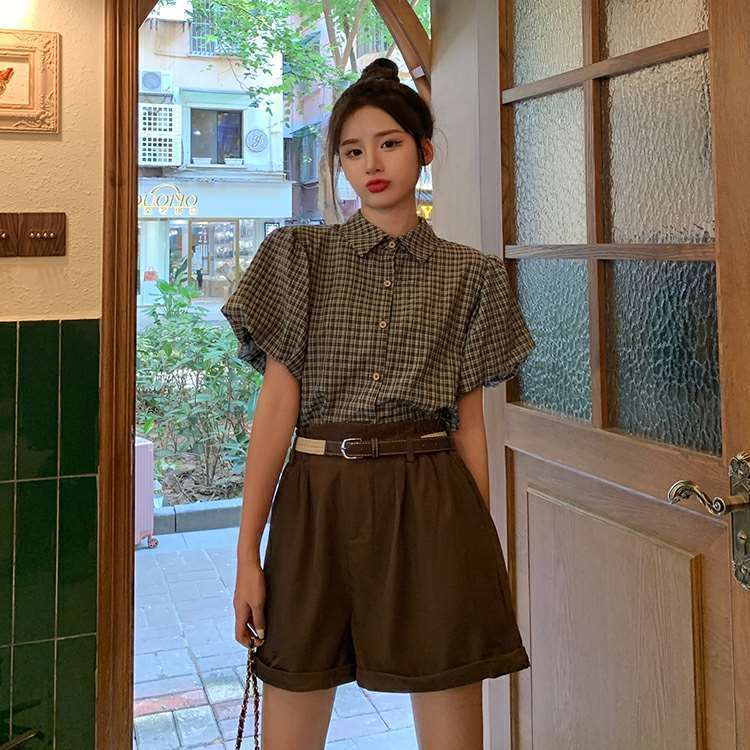 【set】チェック柄ブラウス+ショートパンツ２点セットG21352