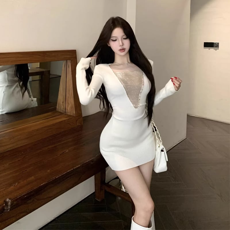 【dress】チェンドッキングニットワンピース Q8138
