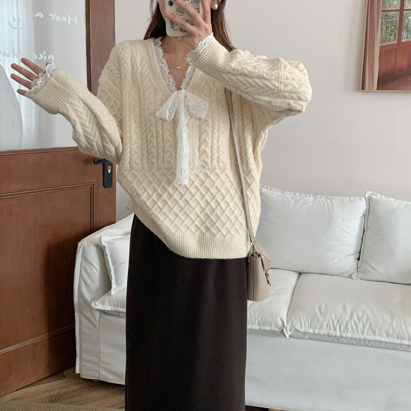 【tops】レースドッキングニットトップス Q7681