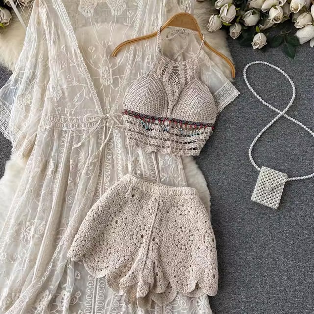 【set】レースカーディガン+キャミソール+ショートパンツ3点セットF7519