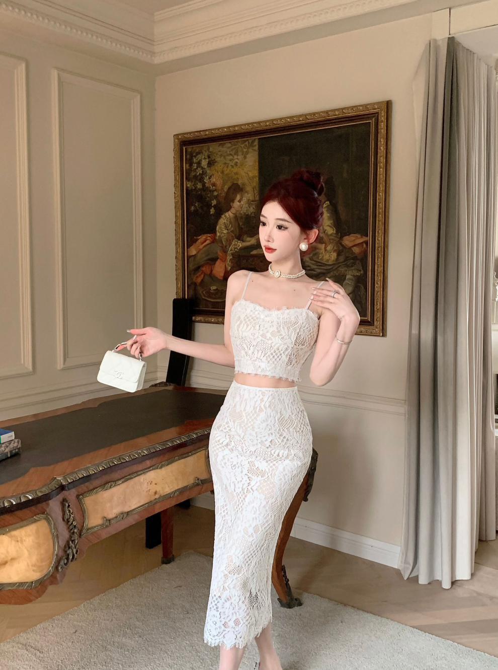 【set】不規則レーストップス+スカート２点セットG21119