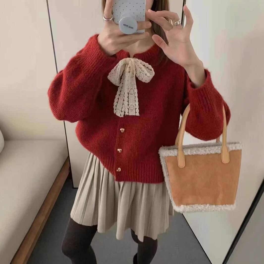 【outer】リボン付きニットカーデ　M28821