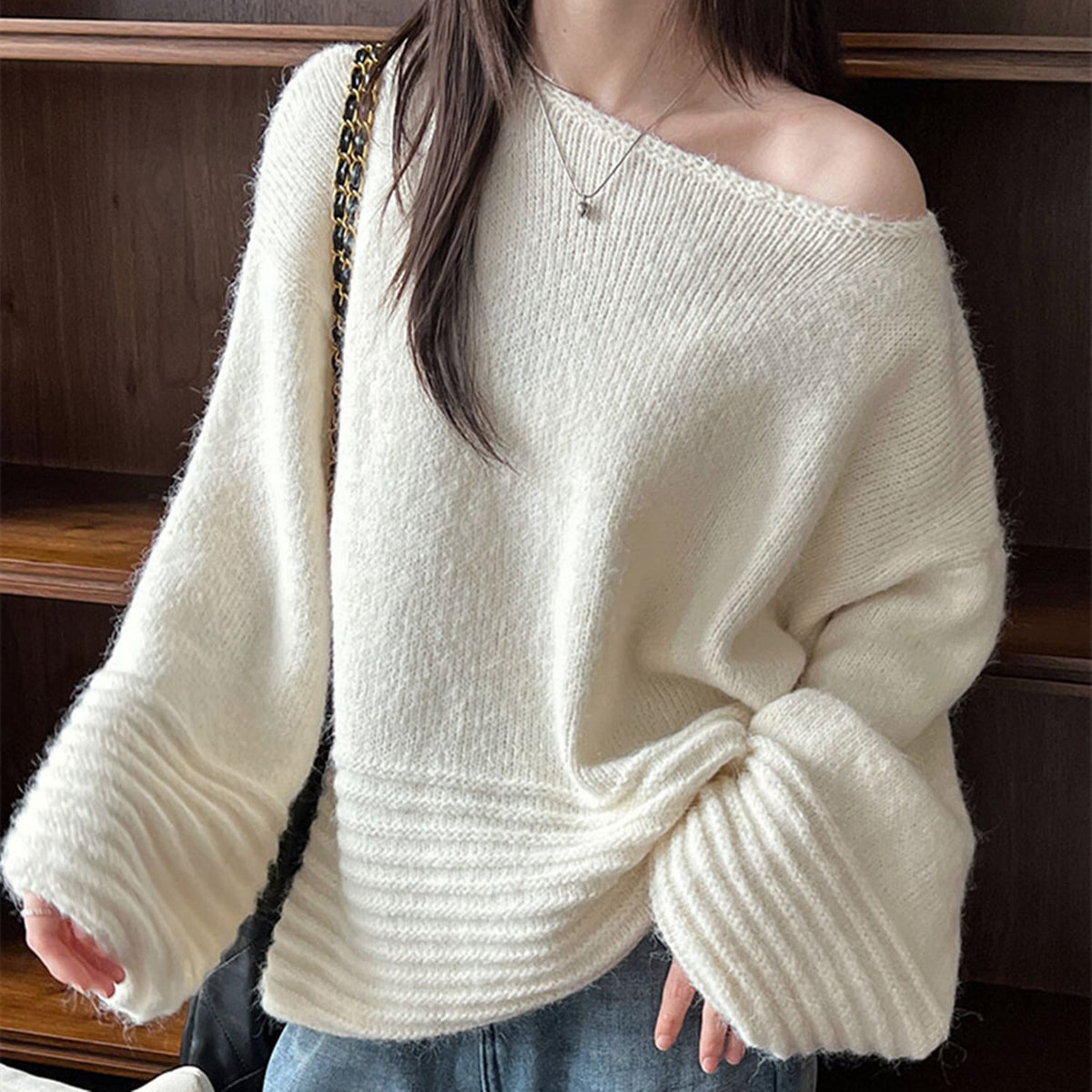 【tops】オフショルダーバルーンスリーブニットトップス　N2911