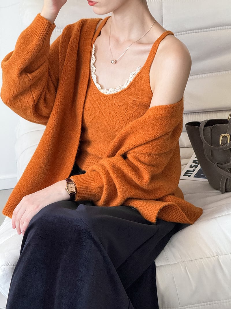 【set】レースドッキングキャミ×ニットカーディガンセット Q6966
