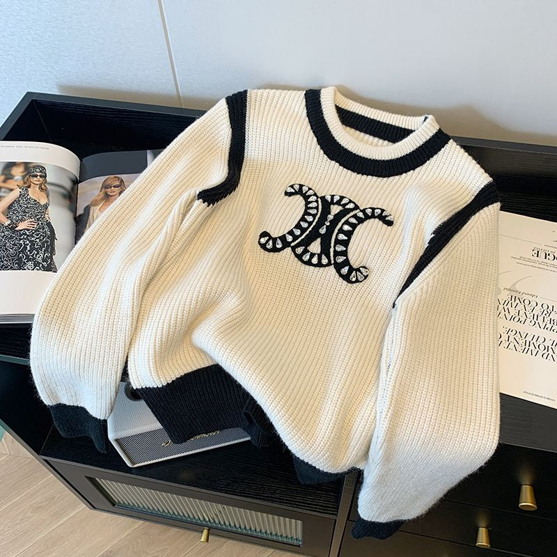 【tops】ラウンドネック長袖ニットセーターF8239