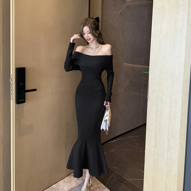 【dress】オフショルダーマーメイドニットワンピース Q7221
