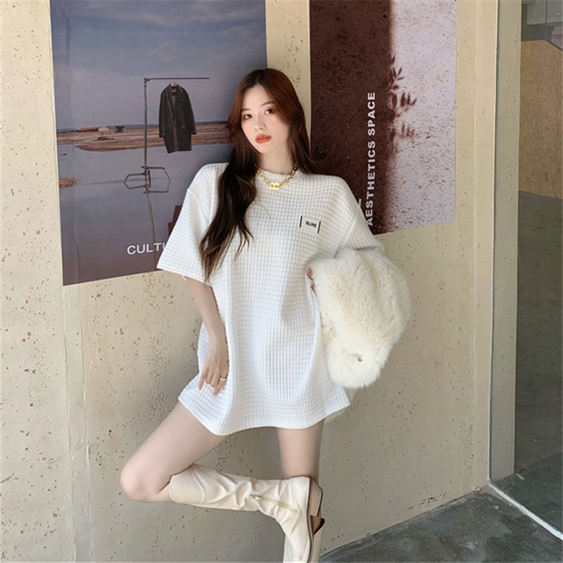 【tops】韓国ファッションINS風2色ラウンドネック半袖ゆったり着回しTシャツF0379