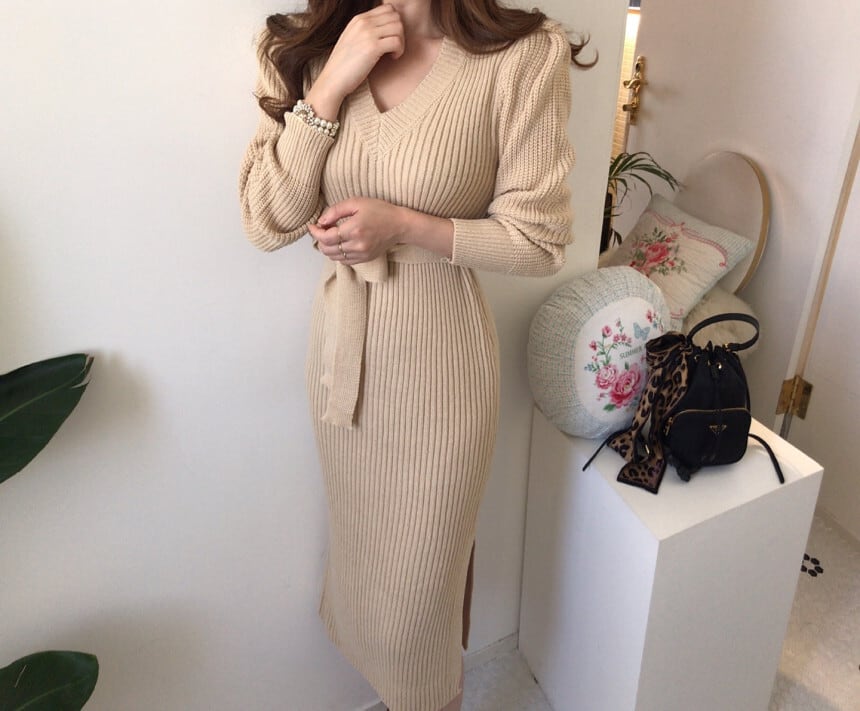 【dress】Vネックスリットタイトニットワンピース G16693