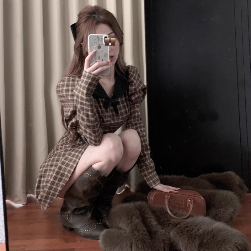 【dress】チェック柄ピーターパンカラーワンピース Q7342