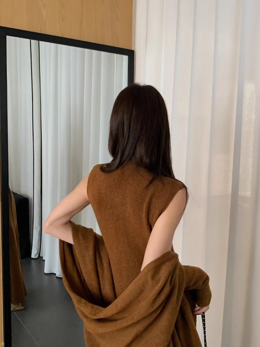 【set】フリンジショール×ハイネックノースリーブワンピースセット Q7354
