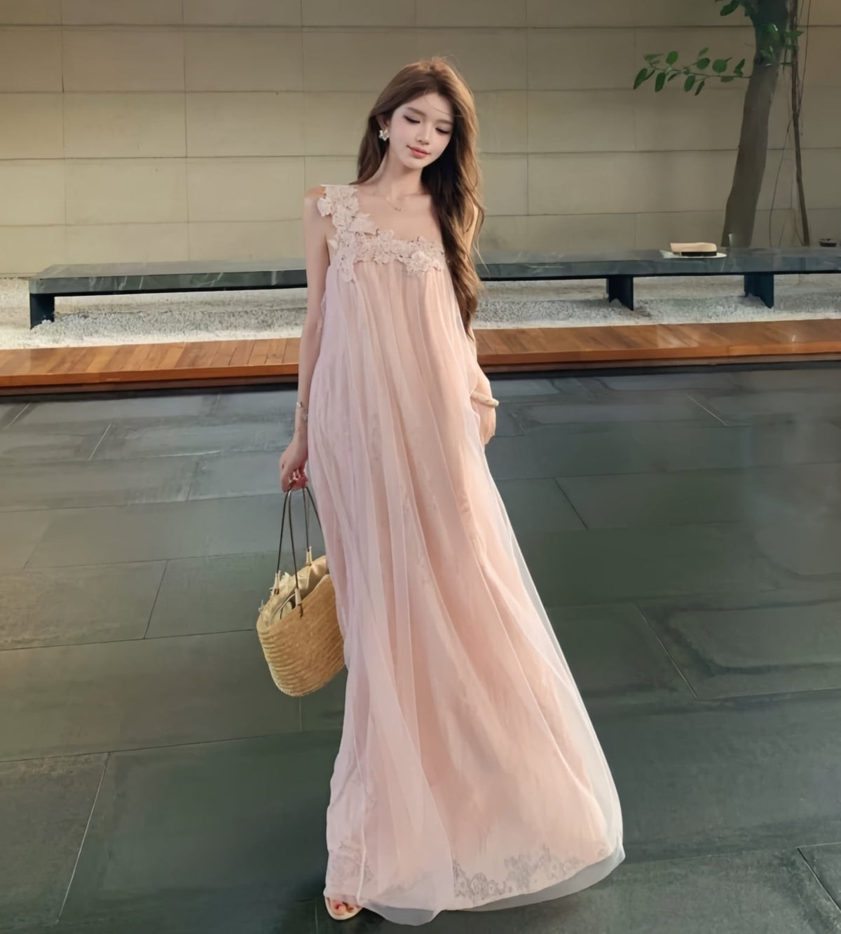 【dress】ワンショルダーレースドッキングチュールワンピース K0559