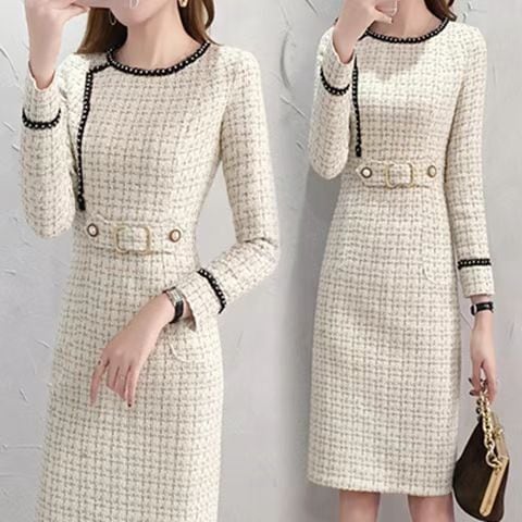 【dress】細身効果抜群♪ラウンドネック長袖韓国ファッションチェック柄OL通勤ボディラインワンピースF1540