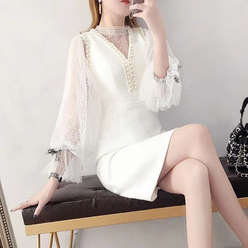 【set】一目惚れ！長袖ラッパ袖レーストップス+Vネック体型カバーベストOL通勤セットアップF1553