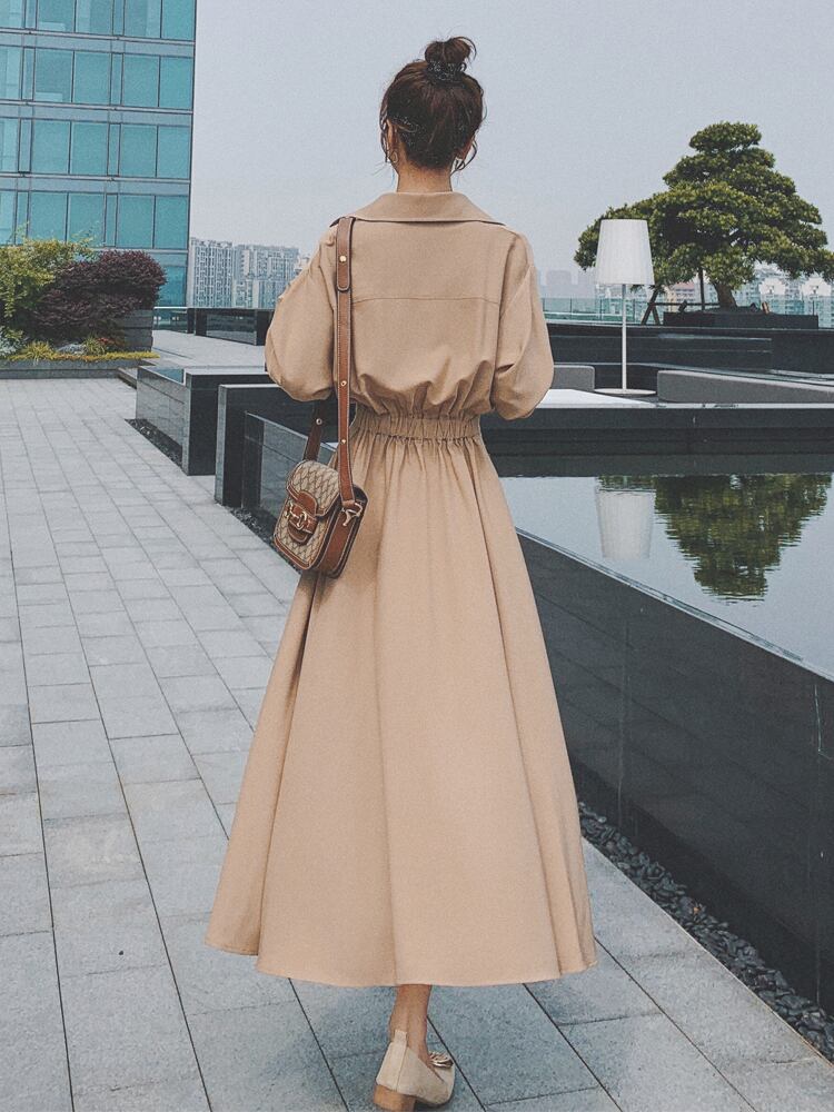 【dress】OL通勤気質満点レトロスウィート長袖Vネック無地着痩せワンピース