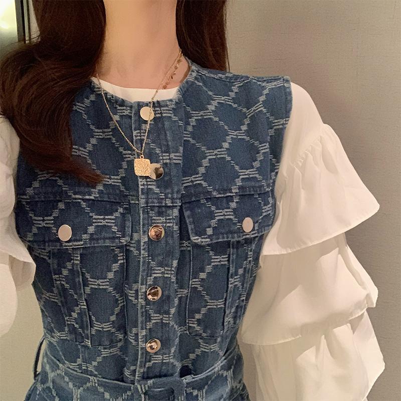 【set】清純甘くて女子力UP！気質満点ファッショントップス+デニムワンピース２点セット G9443