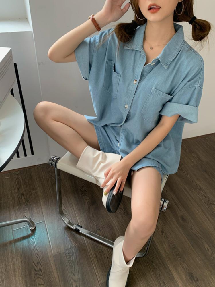 【set】デニムブラウス+ショートパンツ２点セットG21288