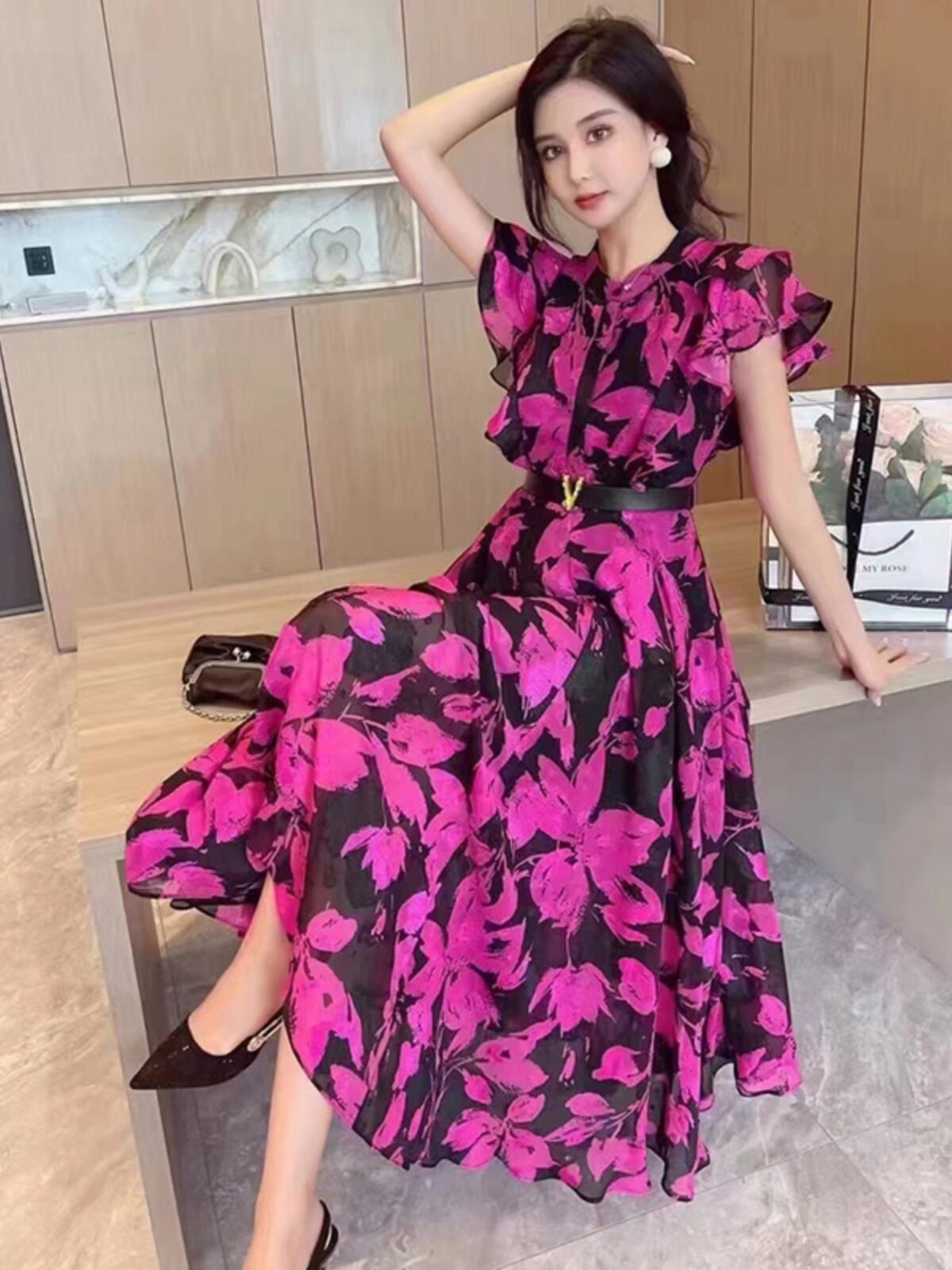 【dress】フレンチスリーブプリントワンピースF7479