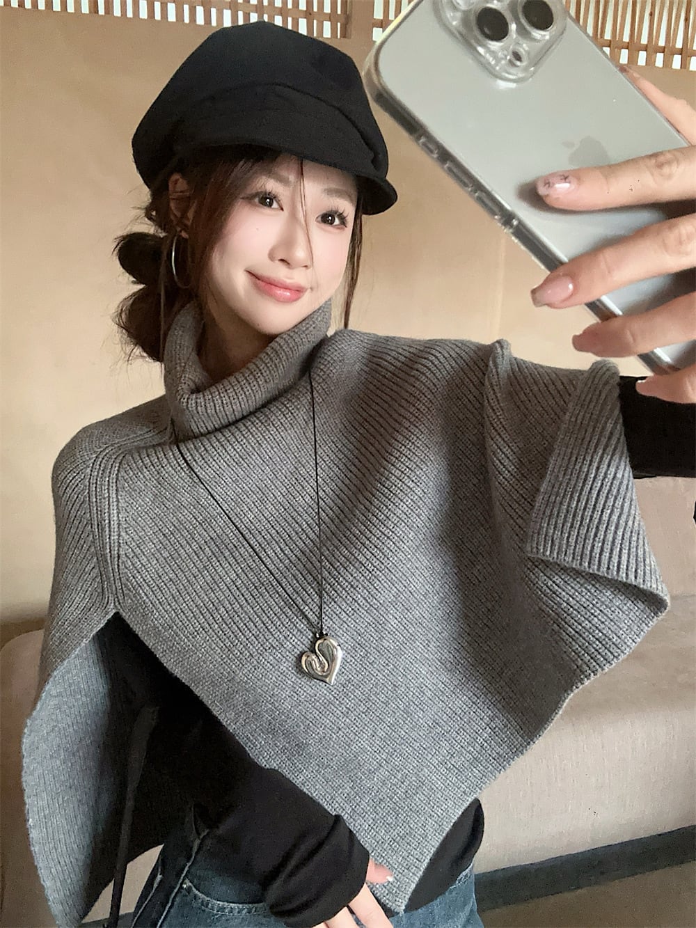 【set】長袖トップス×ニット不規則 イレギュラーケープセット　M28433