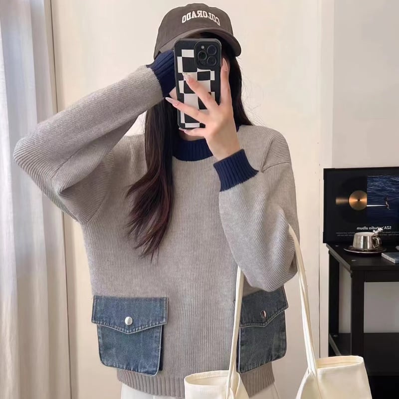 【tops】デニムポケット付きセーター Q6363