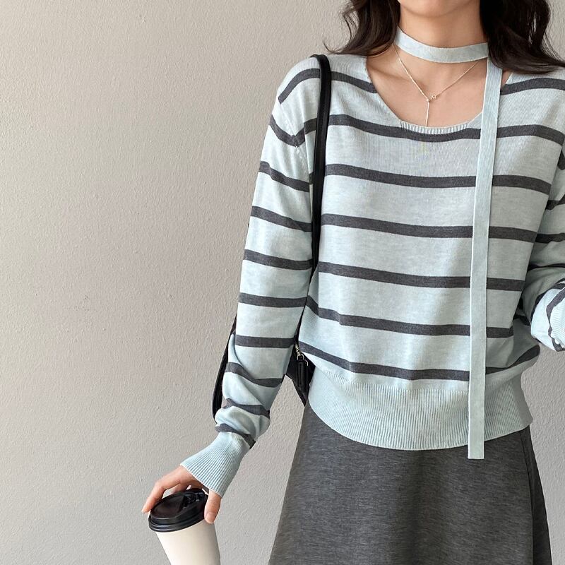 【tops】スカーフ付きボーダー柄ニットトップス Q8284